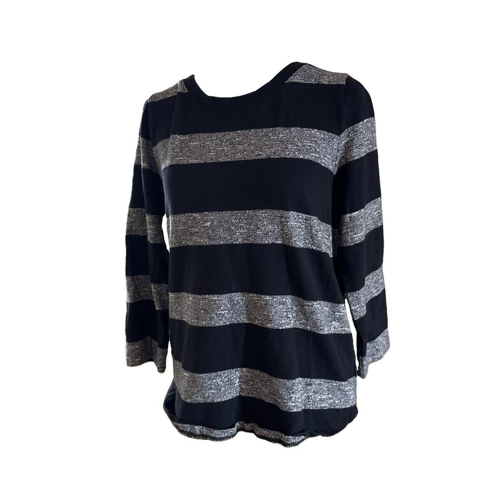 J.CREW Women's Small Black and Gray Striped 3/4 Sleeve Cotton Sweater EUC